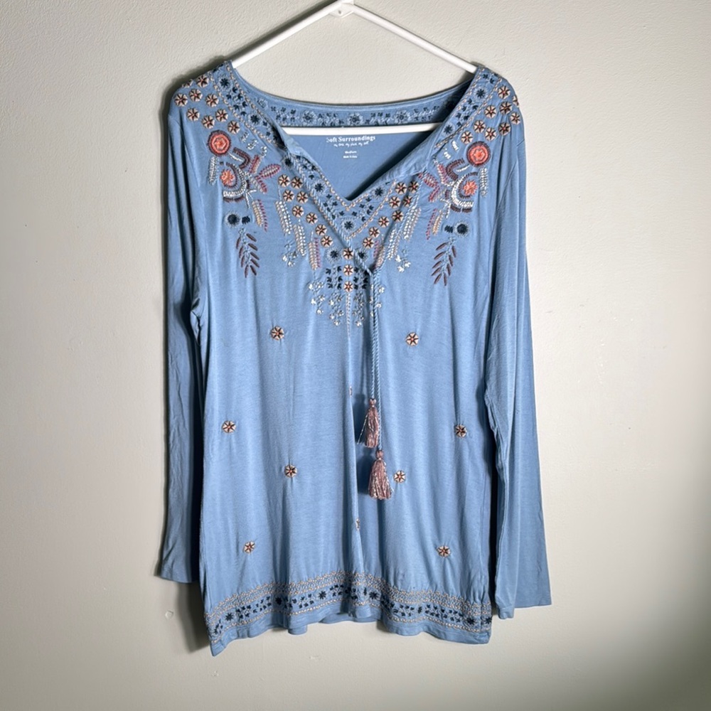 Soft Surroundings Blue Embellished Long Sleeve Blouse M